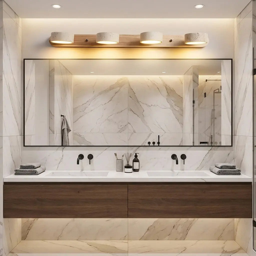 Applique murale 4 spots travertin et bois foncé noyer au-dessus double vasque moderne