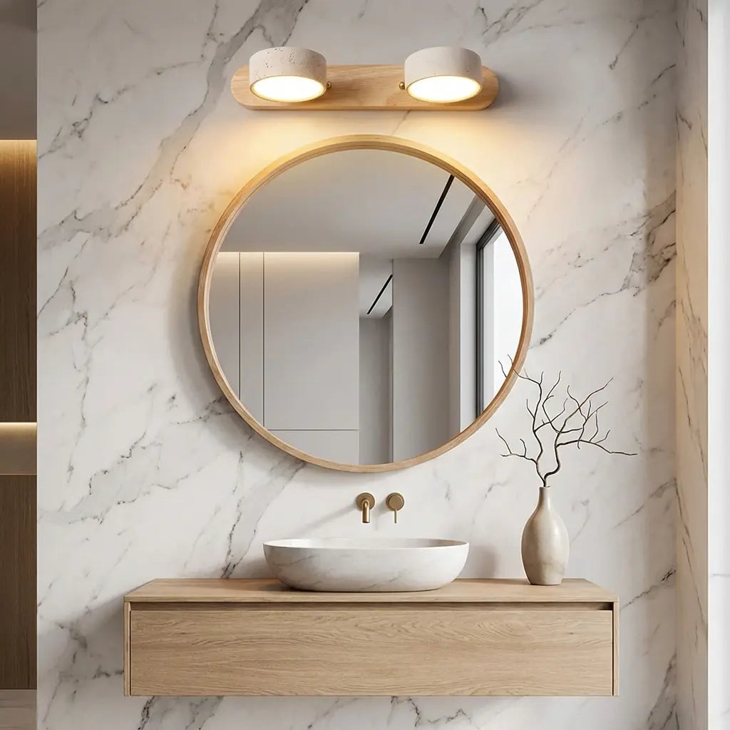 Applique murale 2 spots travertin et bois au-dessus miroir rond salle de bain